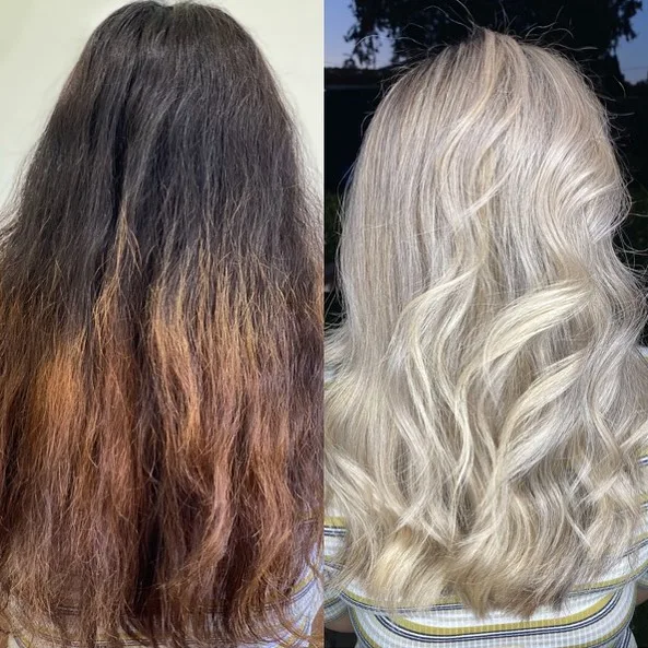 Before and after: damaged brassy hair restored to icy blonde waves