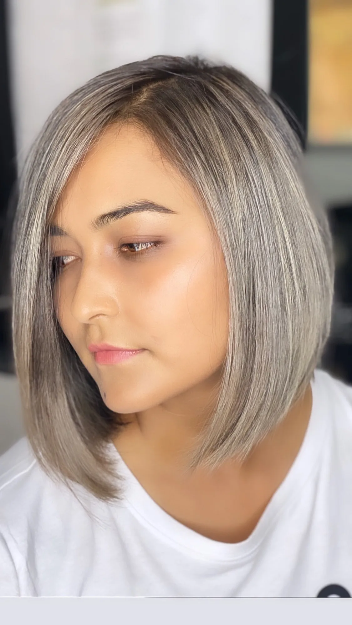 Silver-ash blunt bob, side profile