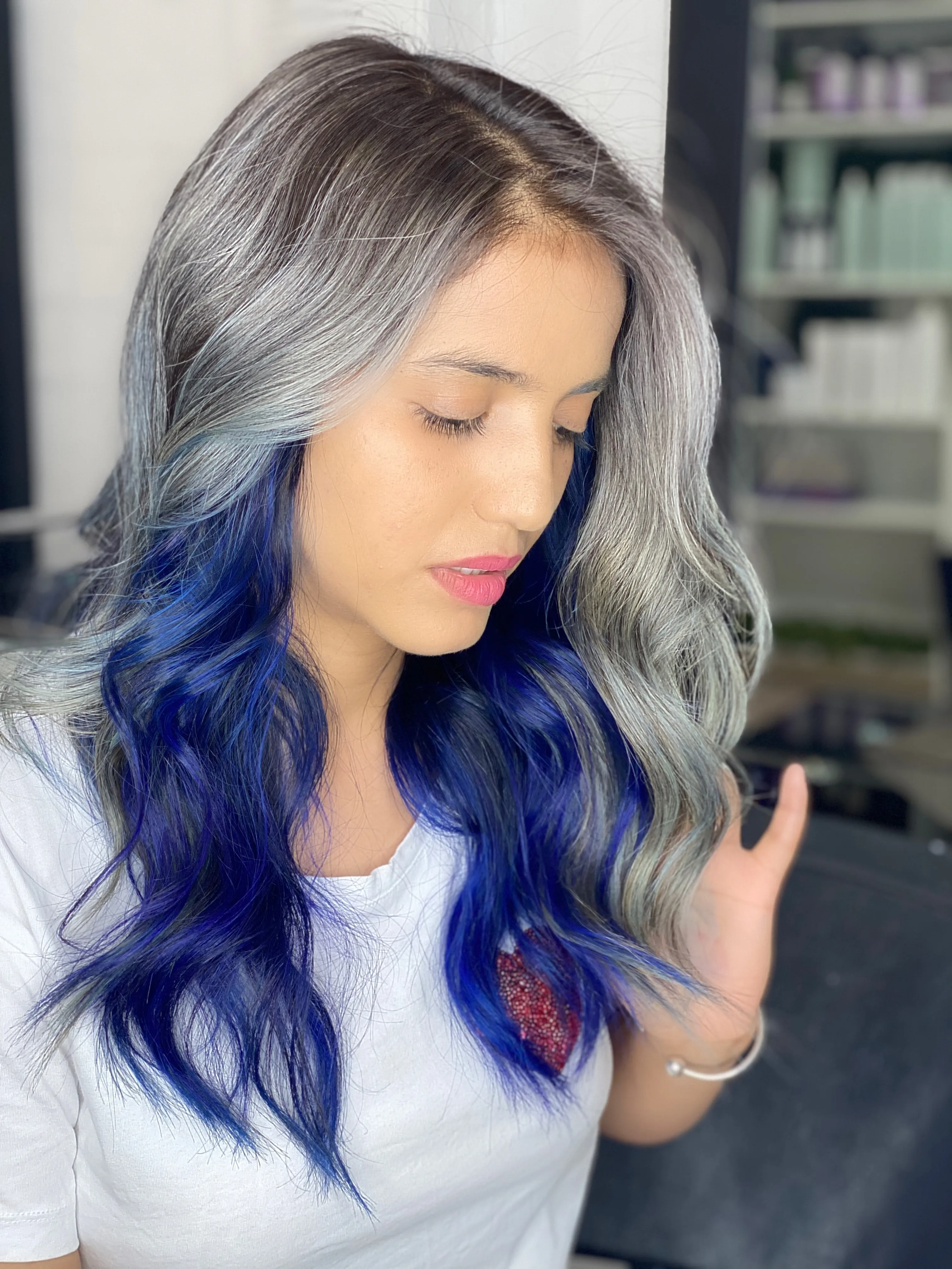 Silver hair with royal-blue underlights