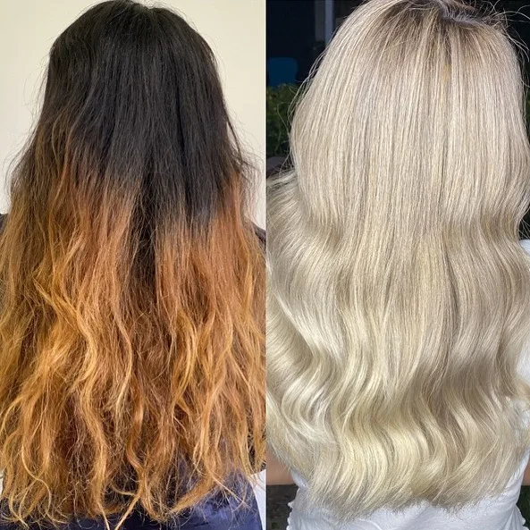 Before and after — brassy grown-out hair transformed to icy platinum blonde